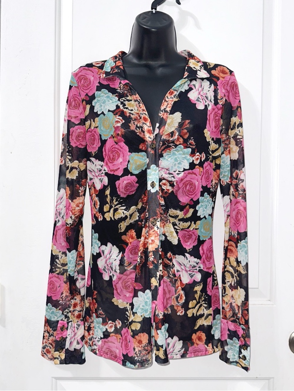 Willow & Root sheer mesh button-up top in a vibrant pink, teal, and cream floral
